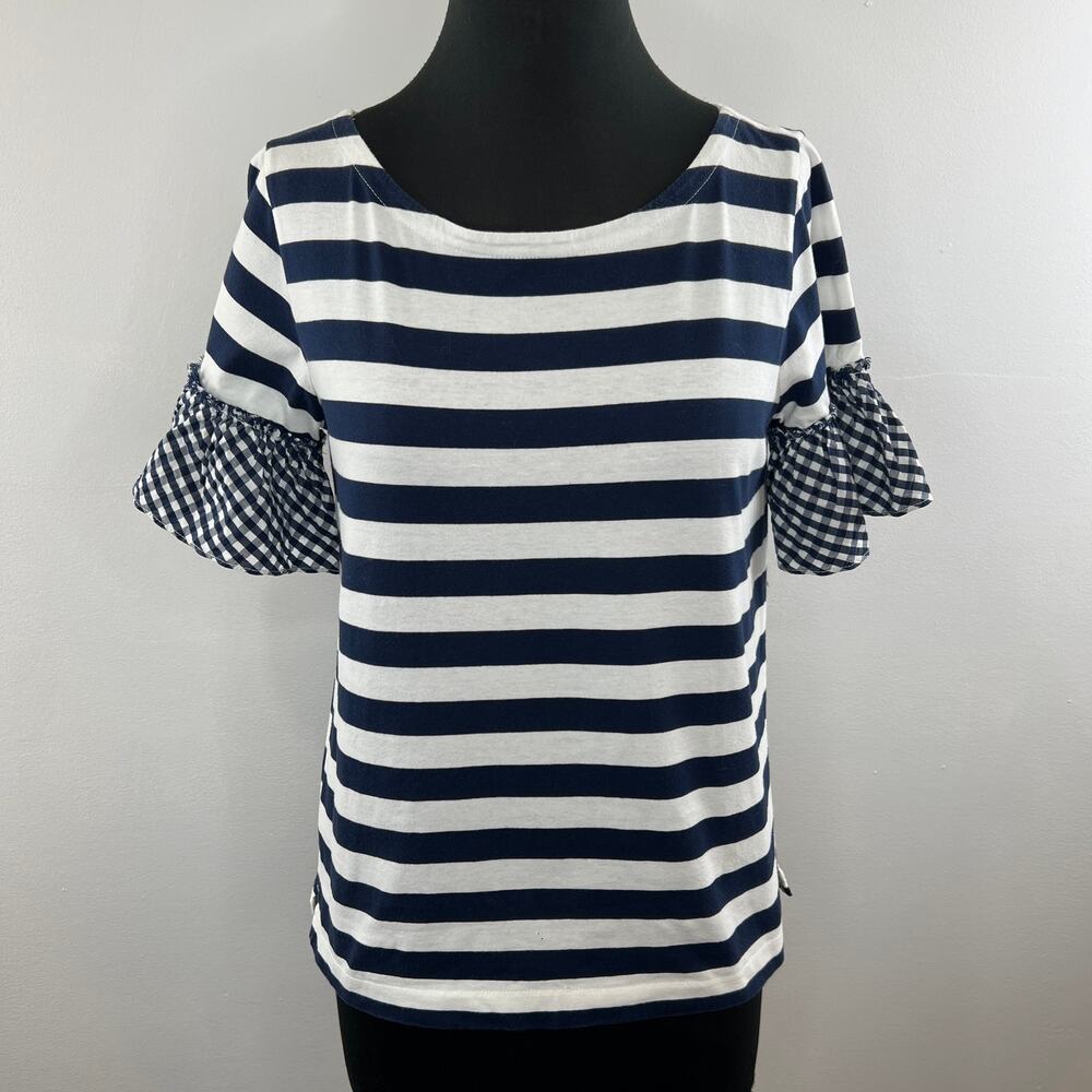 J Crew Navy Blue White Striped Gingham Ruffle Sleeve Round Neck Cotton Top Sz S